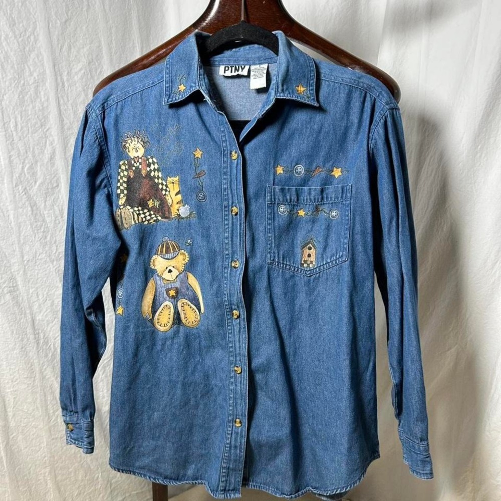 Vtg Denim Novelty cottage Shirt Sz small Teddy bear Collar